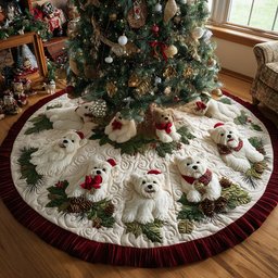 Holly Berry Westie Quilted Christmas Tree Skirt Festive Christmas Tree Skirt for Holiday Decor