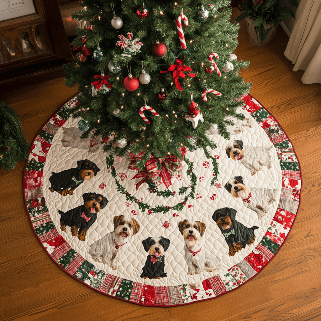 Holiday Schnauzer Cheer Christmas Quilted Tree Skirt Festive Christmas Tree Skirt for Holiday Decor