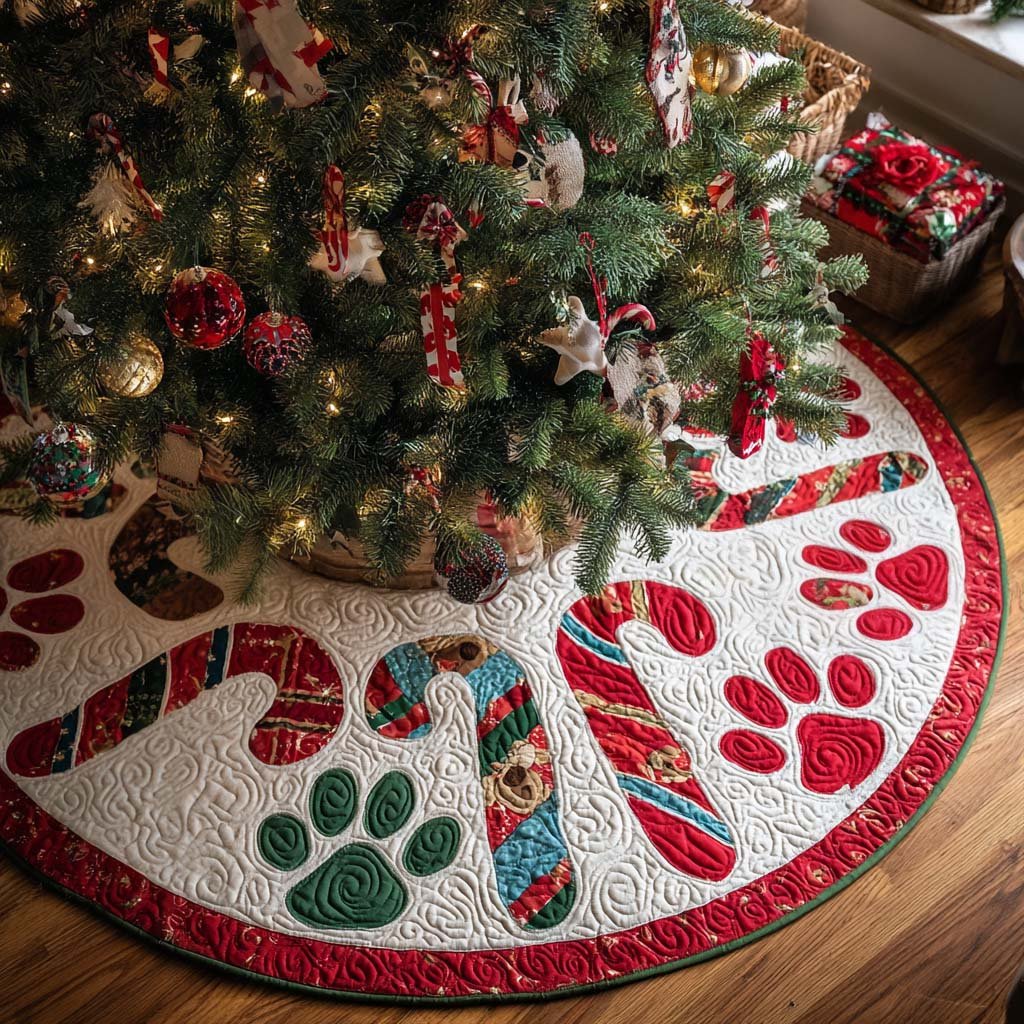 Sweet Paws Christmas Quilted Tree Skirt Popular Gift Merch for Christmas Enthusiasts