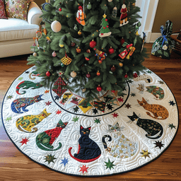 Mistletoe Meows Christmas Quilted Tree Skirt Custom Christmas Tree Skirt Merch for Your Family