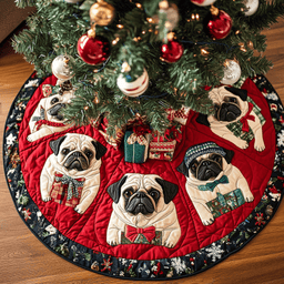 Pug Xmas Joy Christmas Quilted Tree Skirt Lovely Gift Merch for a Festive Home
