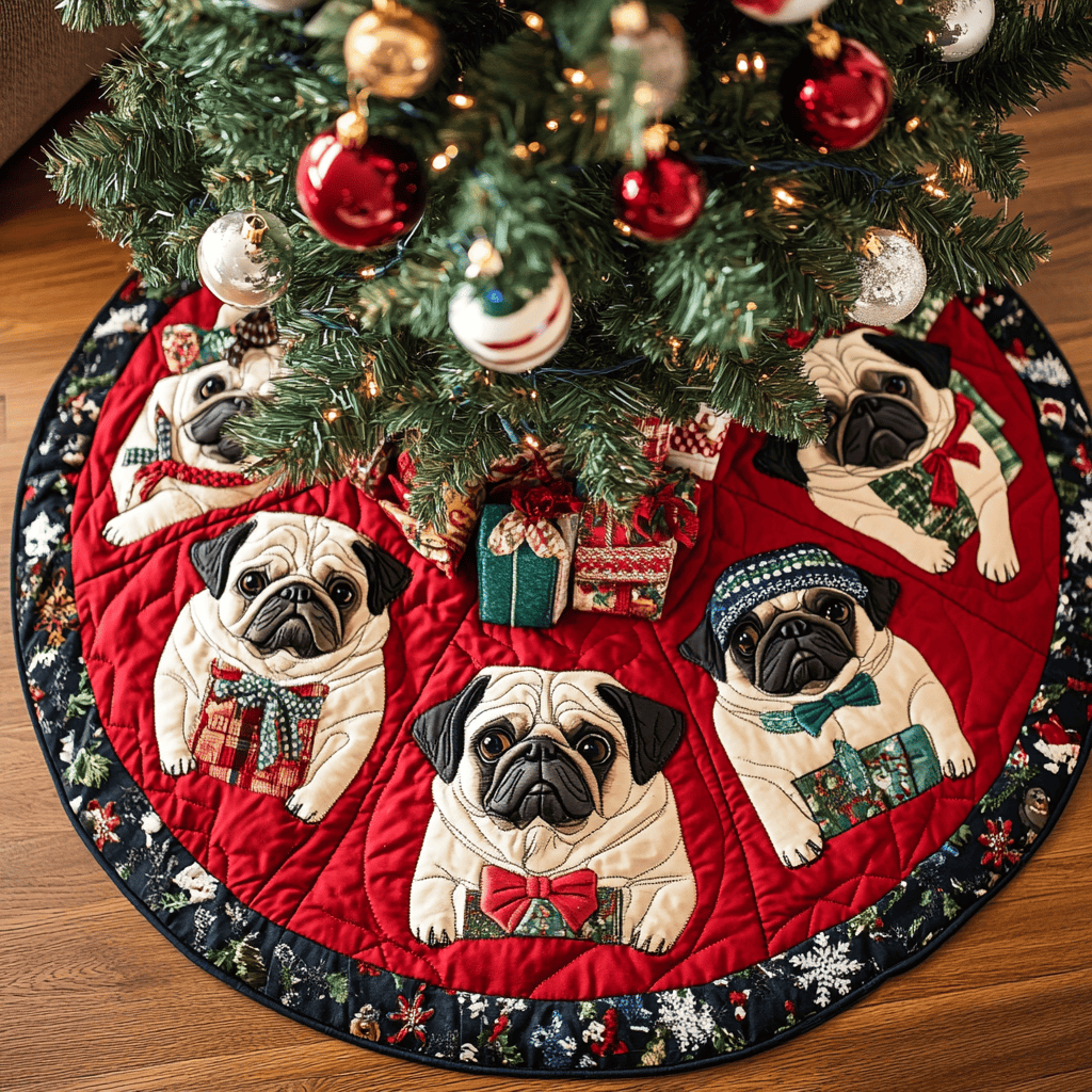 Pug Xmas Joy Christmas Quilted Tree Skirt Lovely Gift Merch for a Festive Home