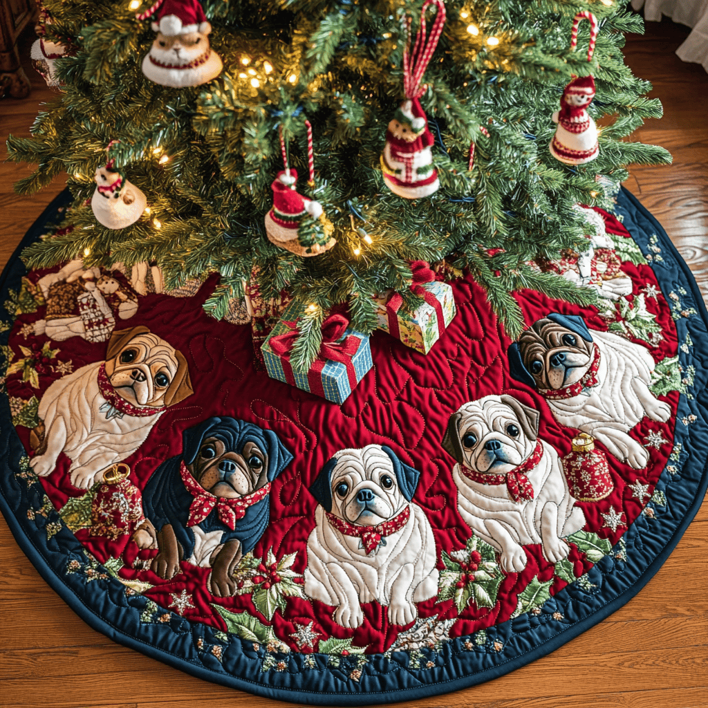 Pug Noel Christmas Quilted Tree Skirt Cozy Holiday Tree Skirt to Brighten Your Home