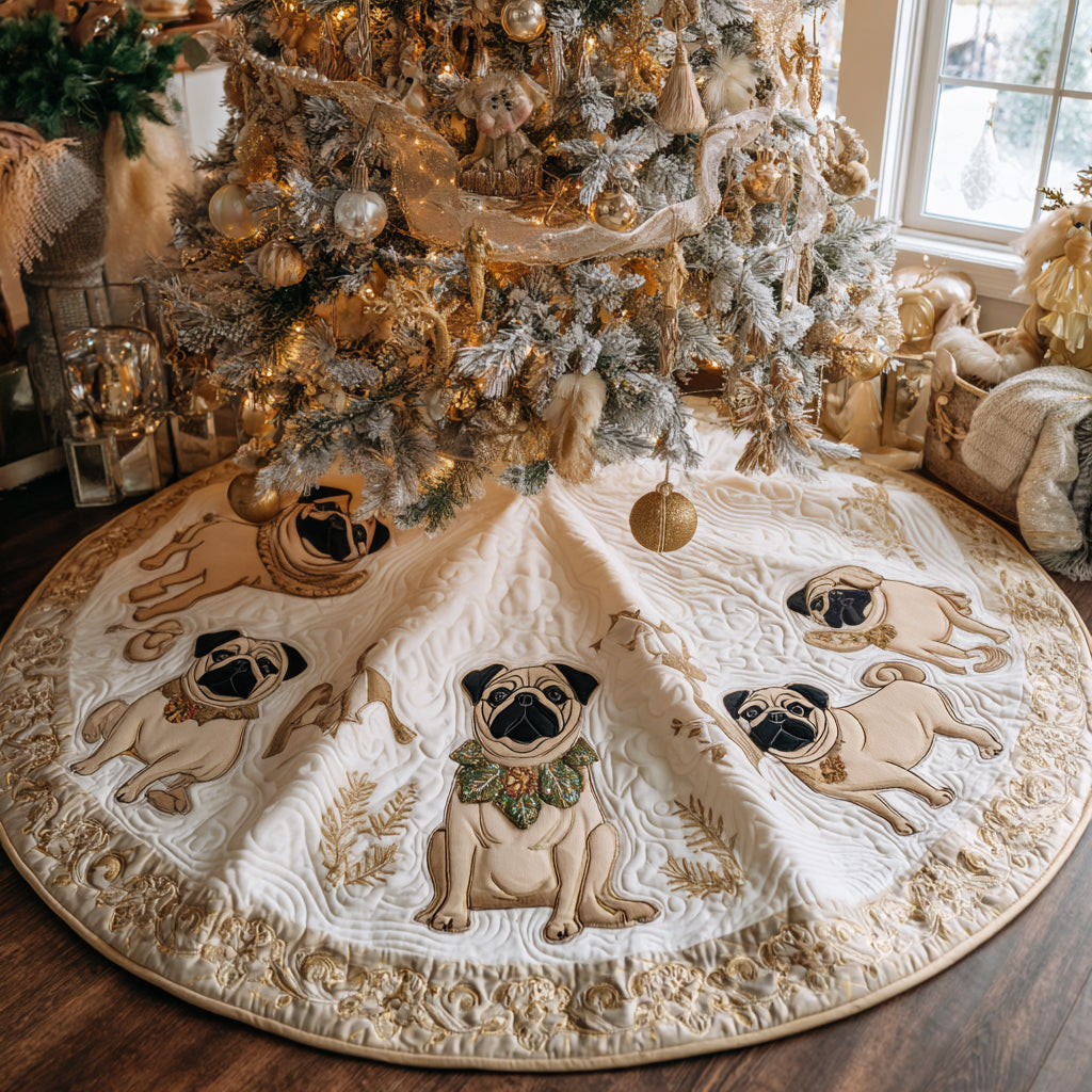 Pug Wonderland Quilted Christmas Tree Skirt Charming Tree Skirt for Family Gatherings