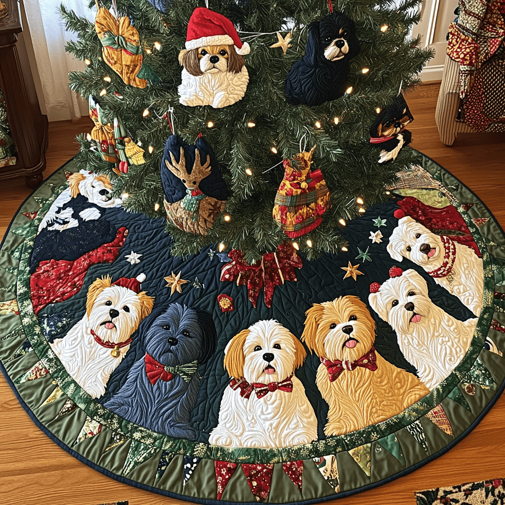 Shih Tzu Reindeer Fun Christmas Quilted Tree Skirt Classic Red and White Tree Skirt for Traditional Decor