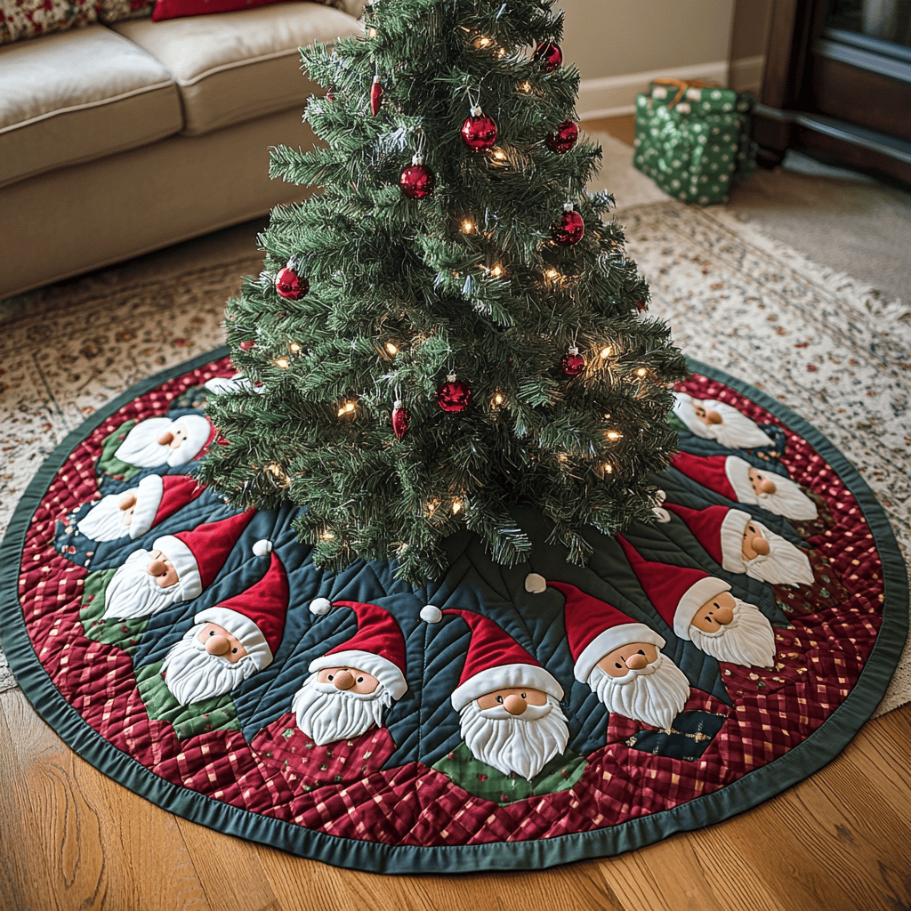 Merry Gnome Christmas Quilted Tree Skirt Magical Christmas Tree Skirt to Impress Guests