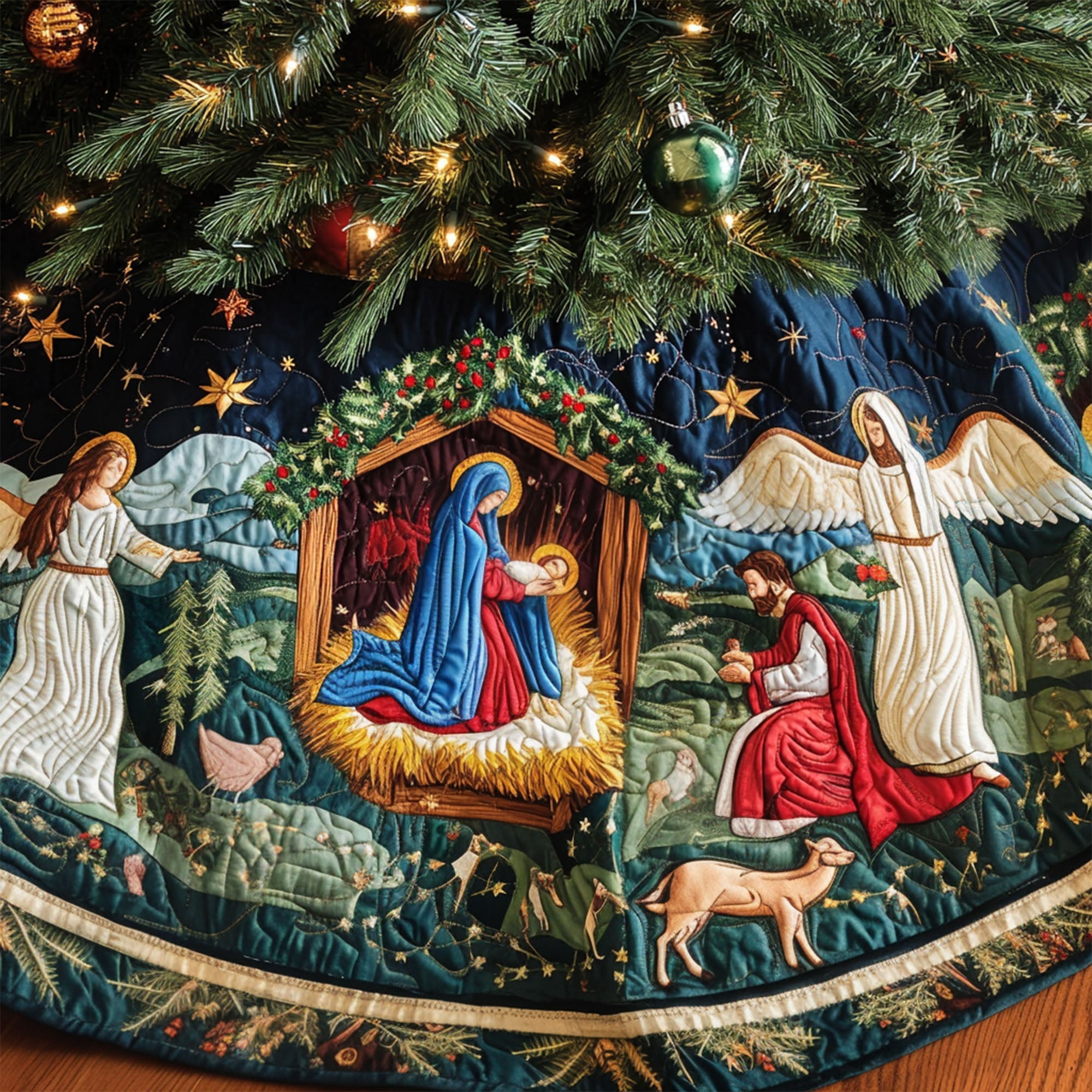 Manger Light Quilted Christmas Tree Skirt Perfect Tree Skirt Gift for Mom or Grandma