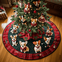 Playful Plaid Corgi Chritstmas Quilted Tree Skirt Cozy Holiday Tree Skirt to Brighten Your Home