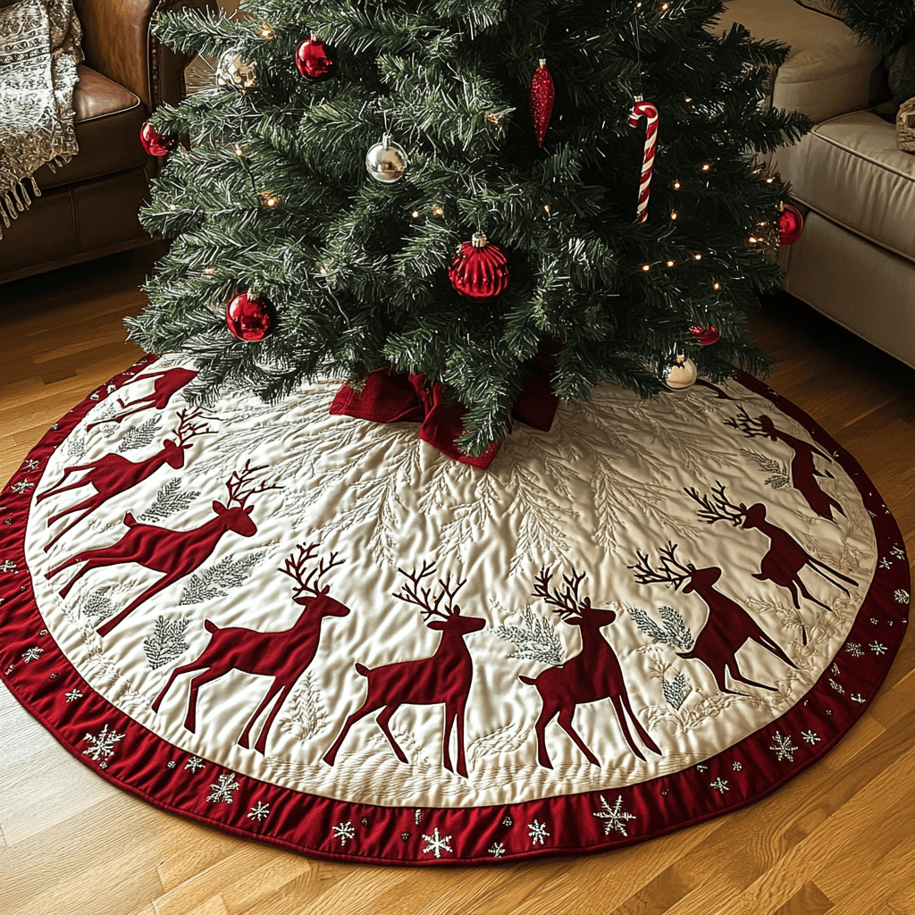 Starry Night Antlers Christmas Quilted Tree Skirt Charming Tree Skirt for Family Gatherings
