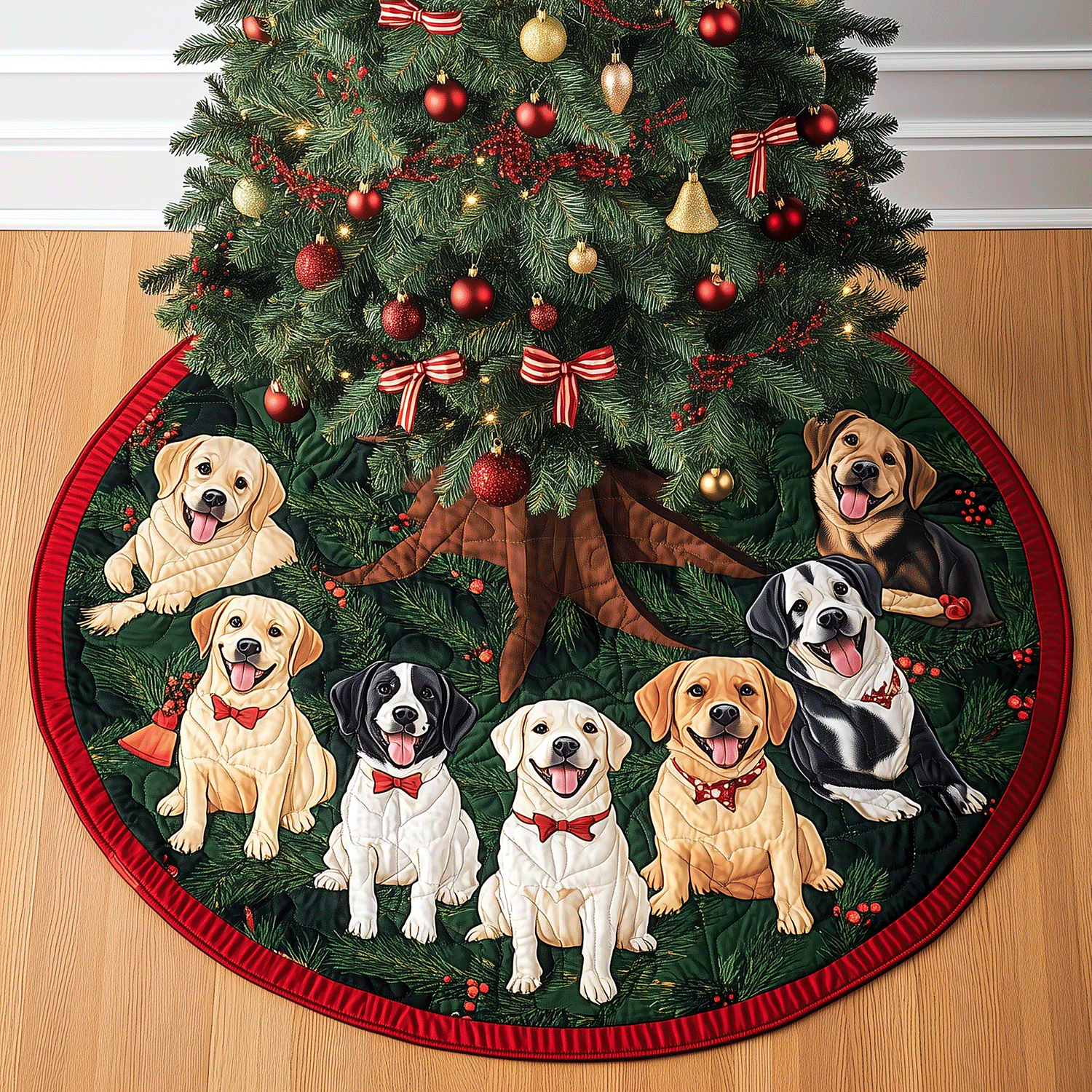 Labrador Holiday Quilted Christmas Tree Skirt Classic Red and White Tree Skirt for Traditional Decor