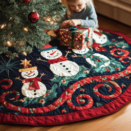Snowmen Fantasy Quilted Christmas Tree Skirt Adorable Holiday Tree Skirt for Cozy Spaces Popular Gift Merch for Christmas Enthusiasts