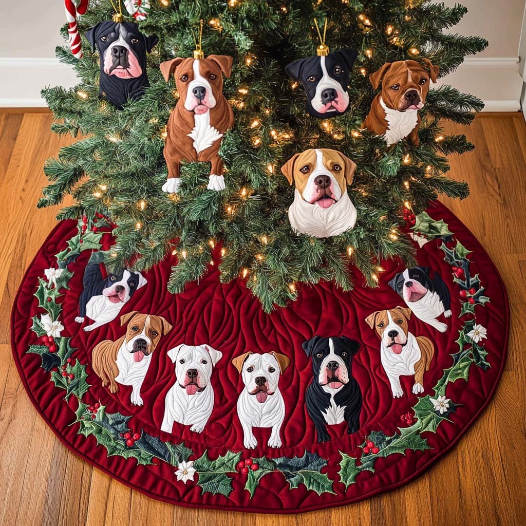 Pitbull Winter Whimsy Christmas Quilted Tree Skirt Beautiful Tree Skirt to Complete Your Christmas Look