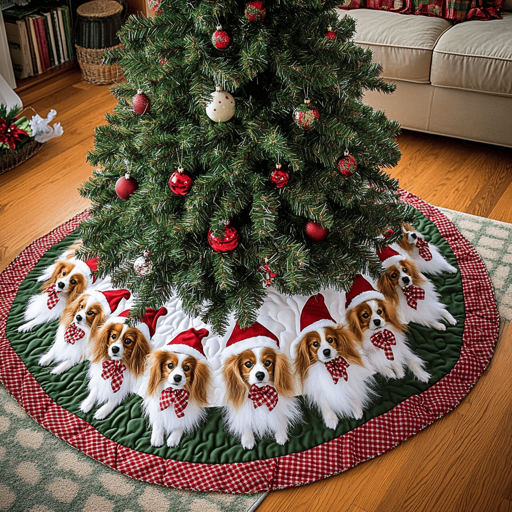 Papillon Holiday Joy Christmas Quilted Tree Skirt Charming Tree Skirt for Family Gatherings