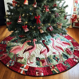 Merry Flamingos Quilted Christmas Tree Skirt Adorable Holiday Tree Skirt for Cozy Spaces