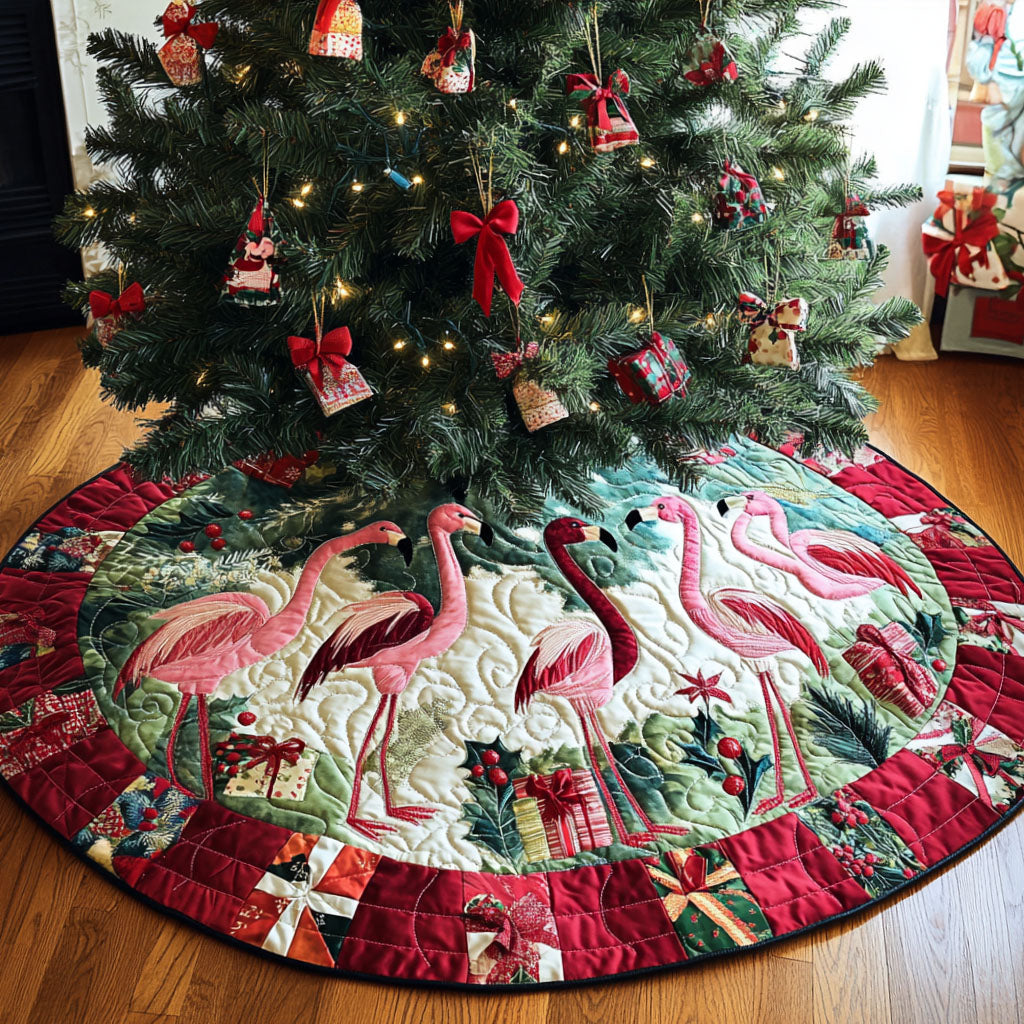 Merry Flamingos Quilted Christmas Tree Skirt Adorable Holiday Tree Skirt for Cozy Spaces