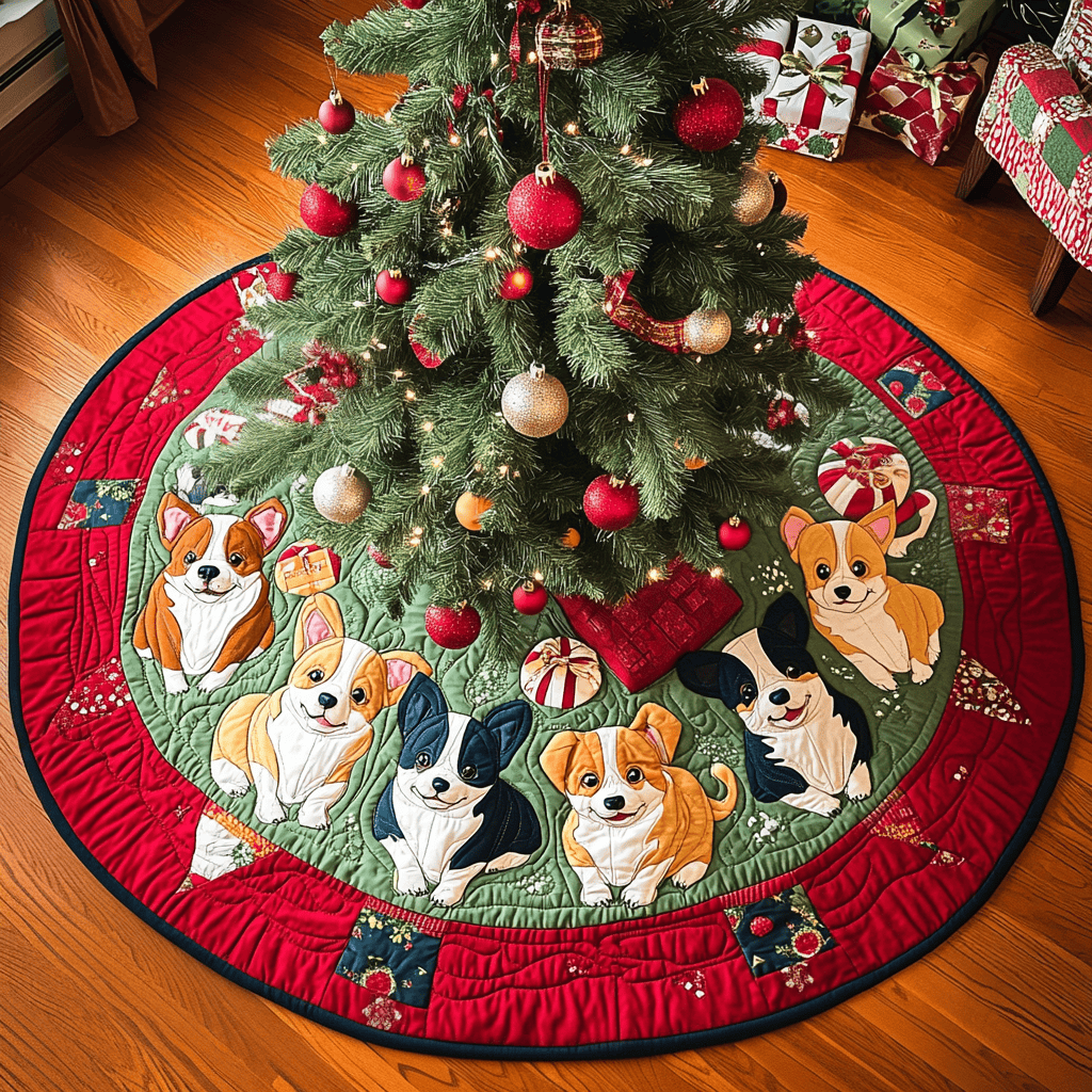 Merry Corgi Wonderland Chritstmas Quilted Tree Skirt Beautiful Tree Skirt to Complete Your Christmas Look