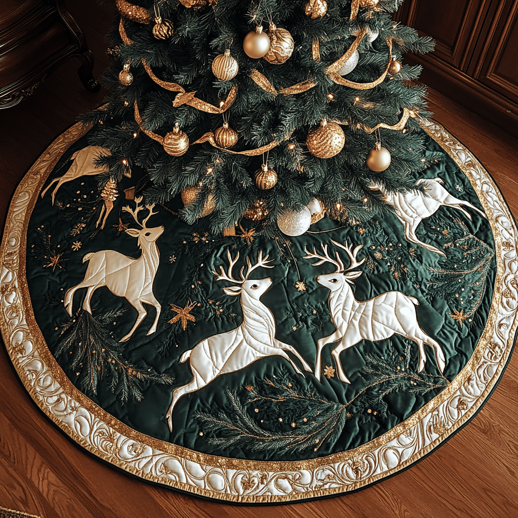 Reindeer Dream Christmas Quilted Tree Skirt Festive Christmas Tree Skirt for Holiday Decor