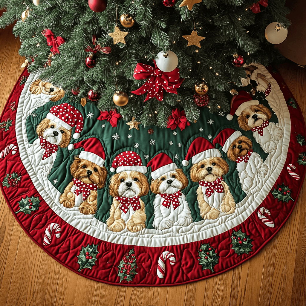 Shih Tzu Holiday Joy Christmas Quilted Tree Skirt Exclusive Holiday Tree Skirt Gift for Families