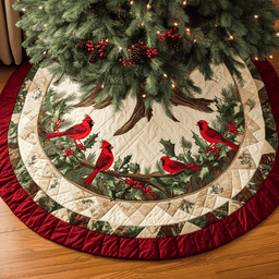 Winter Cardinals Quilted Tree Skirt Perfect Holiday Gift for Home Decor Lovers
