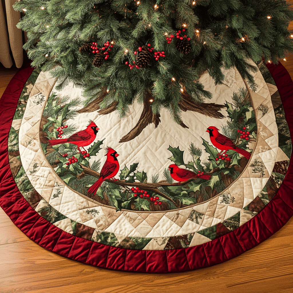 Winter Cardinals Quilted Tree Skirt Perfect Holiday Gift for Home Decor Lovers