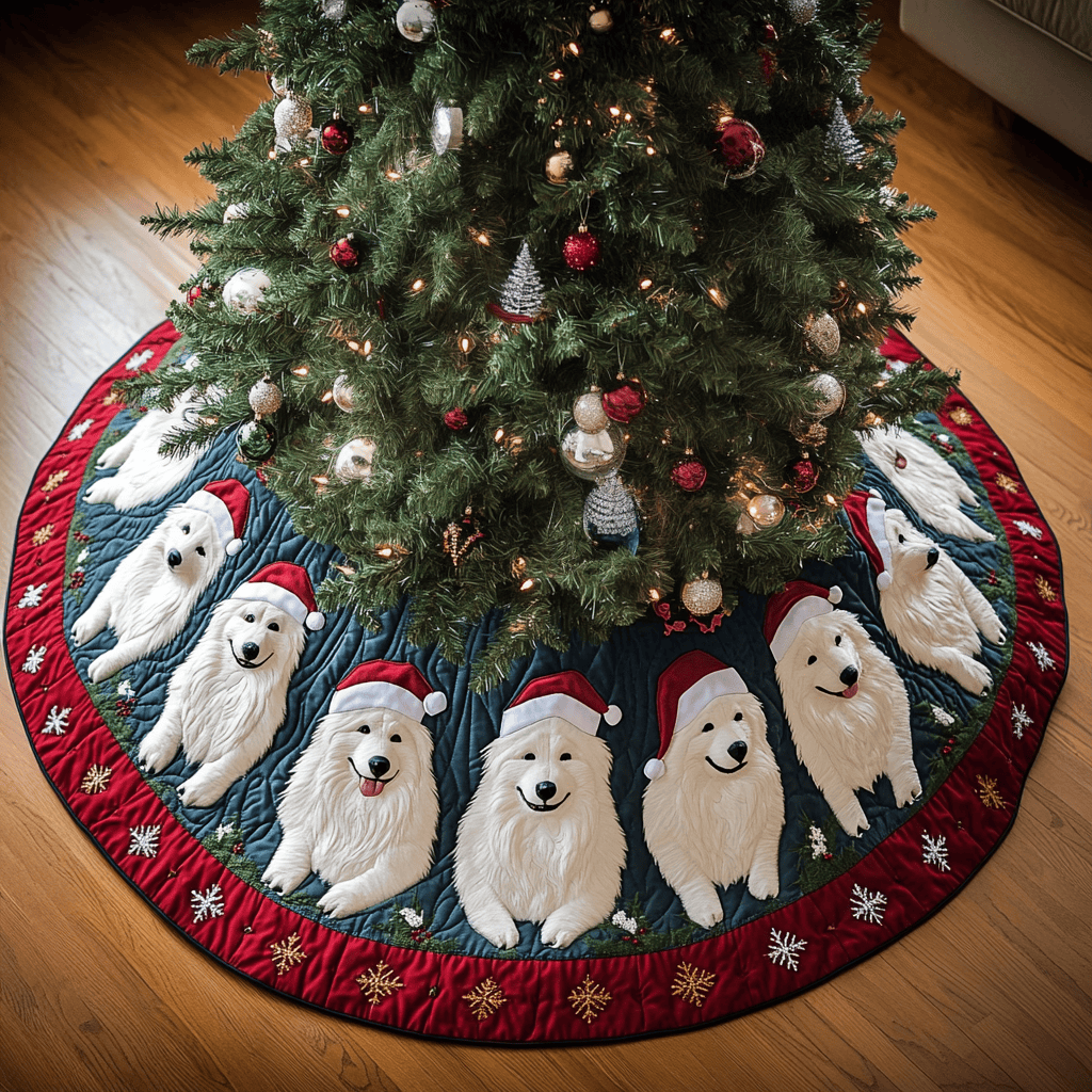 Samoyed Xmas Joy Christmas Quilted Tree Skirt Unique Holiday Gift Merch for Family Homes