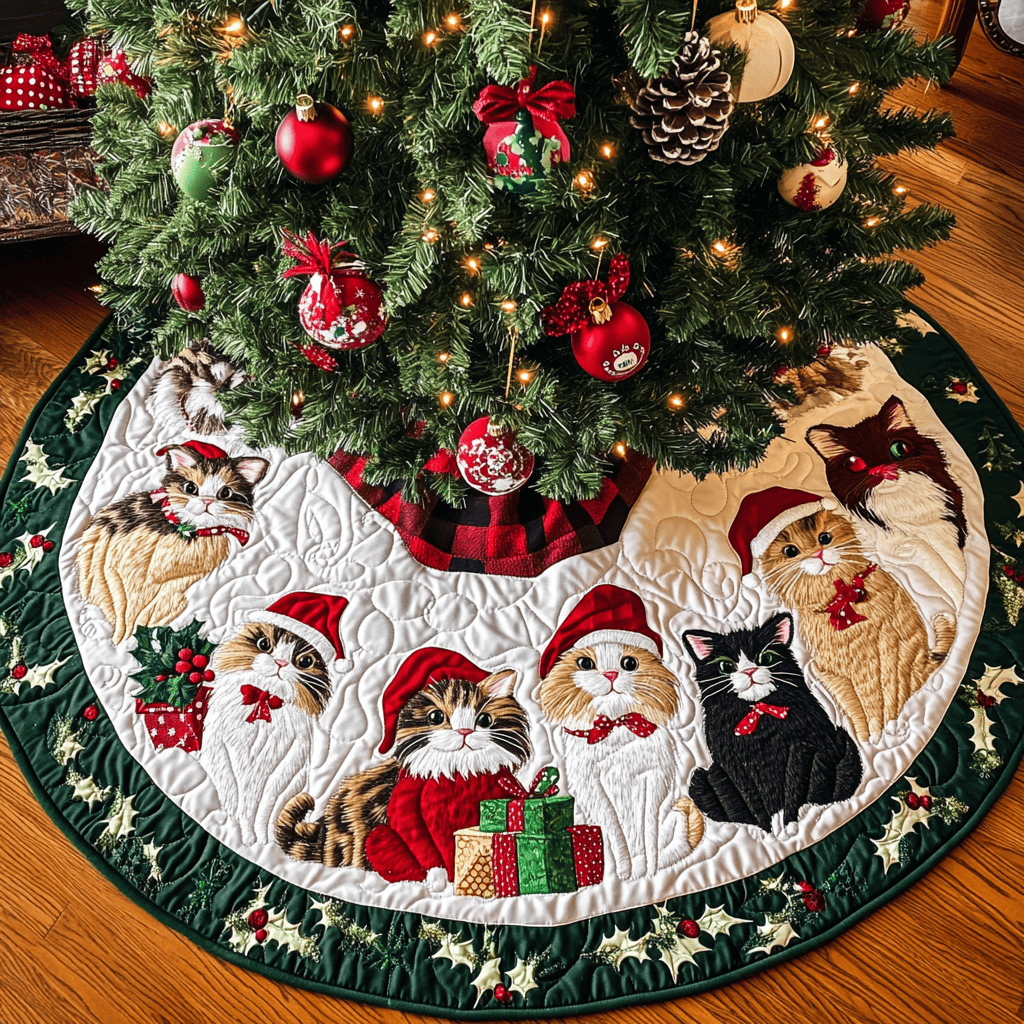 Kitty Claus Celebration Christmas Quilted Tree Skirt Exclusive Christmas Tree Skirt Merch Collection