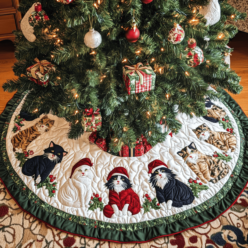 Merry Meowlidays Christmas Quilted Tree Skirt Luxury Christmas Tree Skirt for Elegant Homes