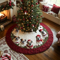 Snowy Paws Bulldog Quilted Christmas Tree Skirt Heartwarming Christmas Tree Skirt Gift for Loved Ones