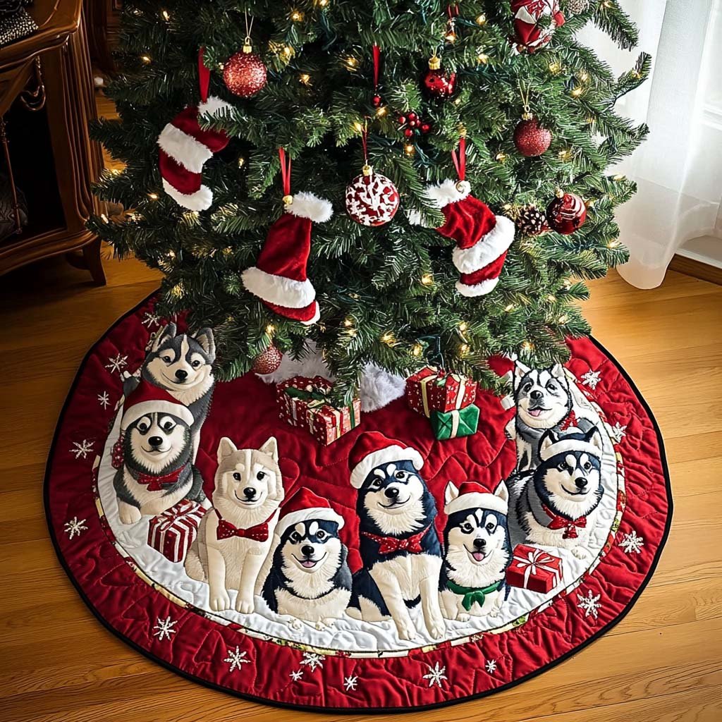 Winter Husky Christmas Quilted Tree Skirt Perfect Merch Gift Tree Skirt for Holiday Season