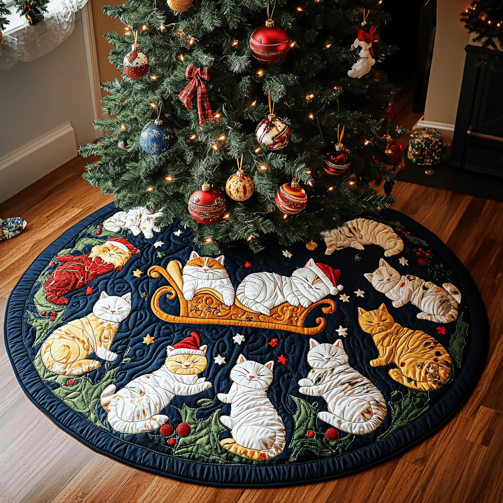 Merry Meowmas Christmas Quilted Tree Skirt Magical Christmas Tree Skirt to Impress Guests