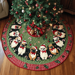 Pug Holiday Spirit Christmas Quilted Tree Skirt Lovely Gift Merch for a Festive Home