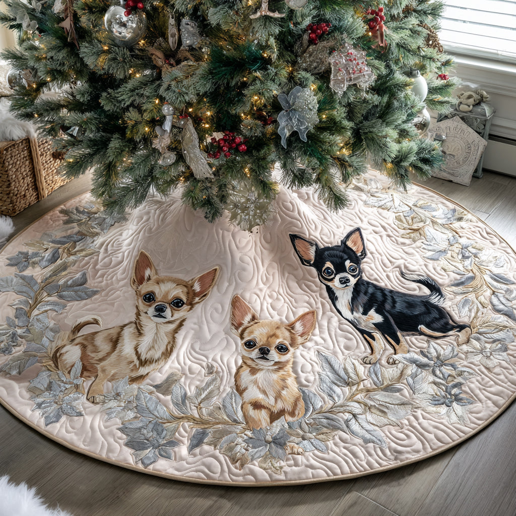 Merry Chihuahua Quilted Christmas Tree Skirt Luxury Christmas Tree Skirt for Elegant Homes Heartwarming Christmas Tree Skirt Gift for Loved Ones