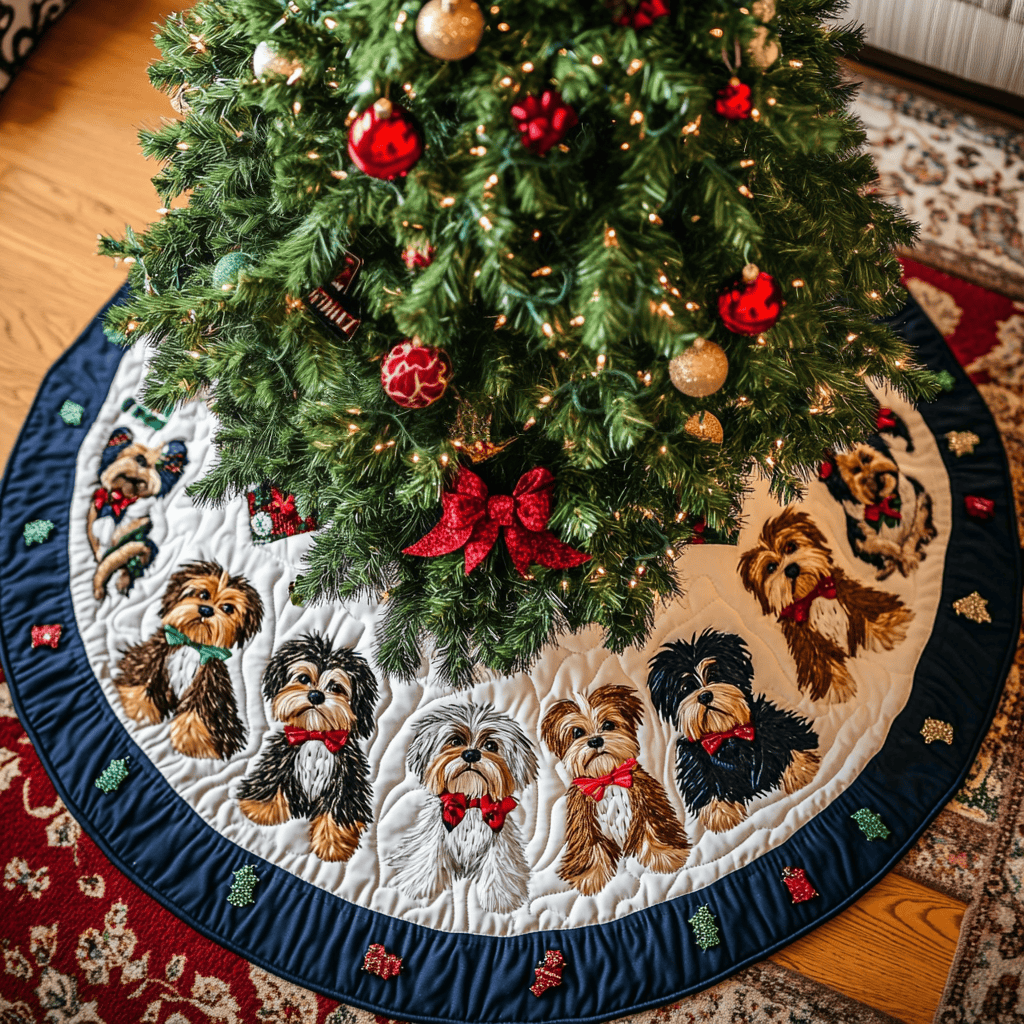 Yorkshires Cheer Christmas Quilted Tree Skirt Heartwarming Christmas Tree Skirt Gift for Loved Ones