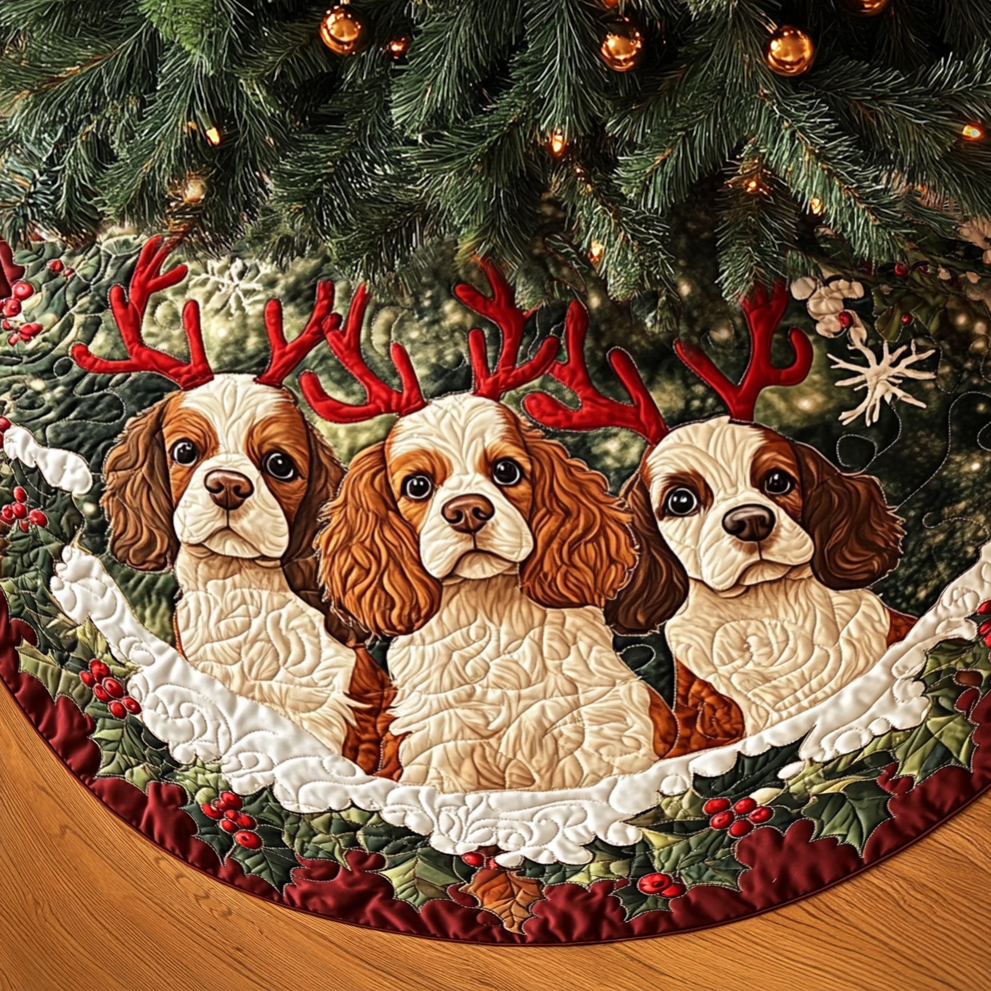 Spaniel Noel Delight Quilted Christmas Tree Skirt Adorable Holiday Tree Skirt for Cozy Spaces