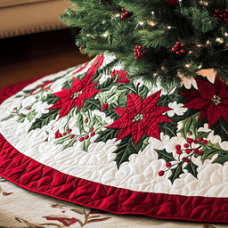 Poinsettia Elegance Christmas Quilted Tree Skirt Popular Gift Merch for Christmas Enthusiasts