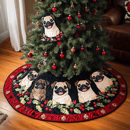Pug Yuletide Delight Quilted Christmas Tree Skirt Adorable Holiday Tree Skirt for Cozy Spaces