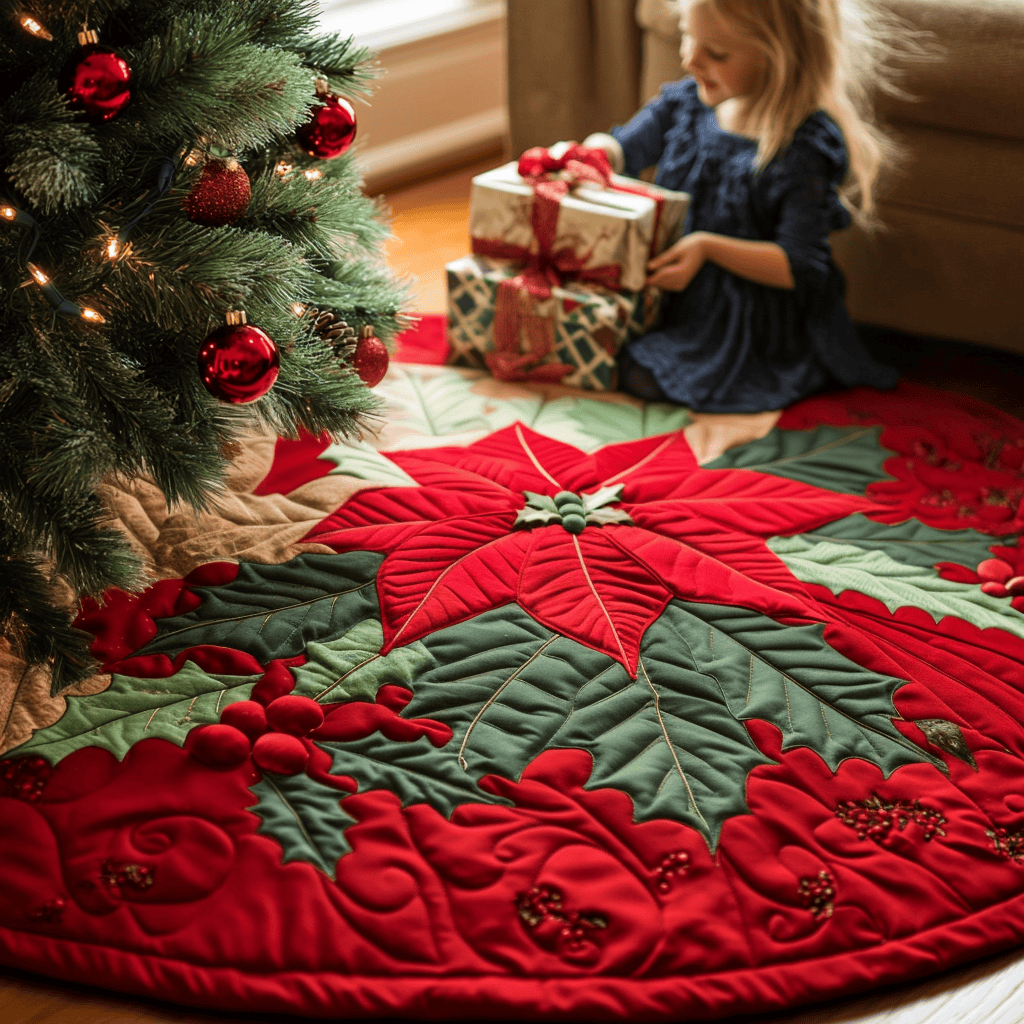Poinsettia Delight Quilted Christmas Tree Skirt Perfect Tree Skirt Gift for Mom or Grandma Charming Tree Skirt for Family Gatherings