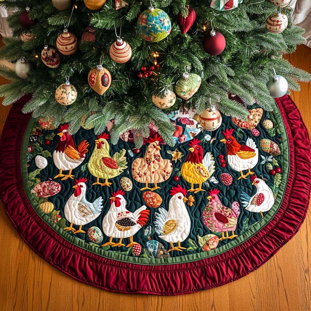 Yuletide Chickens Parade Christmas Quilted Tree Skirt Christmas Tree Skirt Gift That Brings Joy