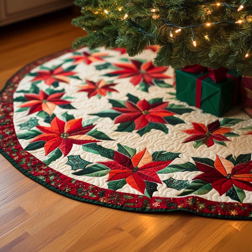 Winter Petals Christmas Quilted Tree Skirt Festive Christmas Tree Skirt for Holiday Decor