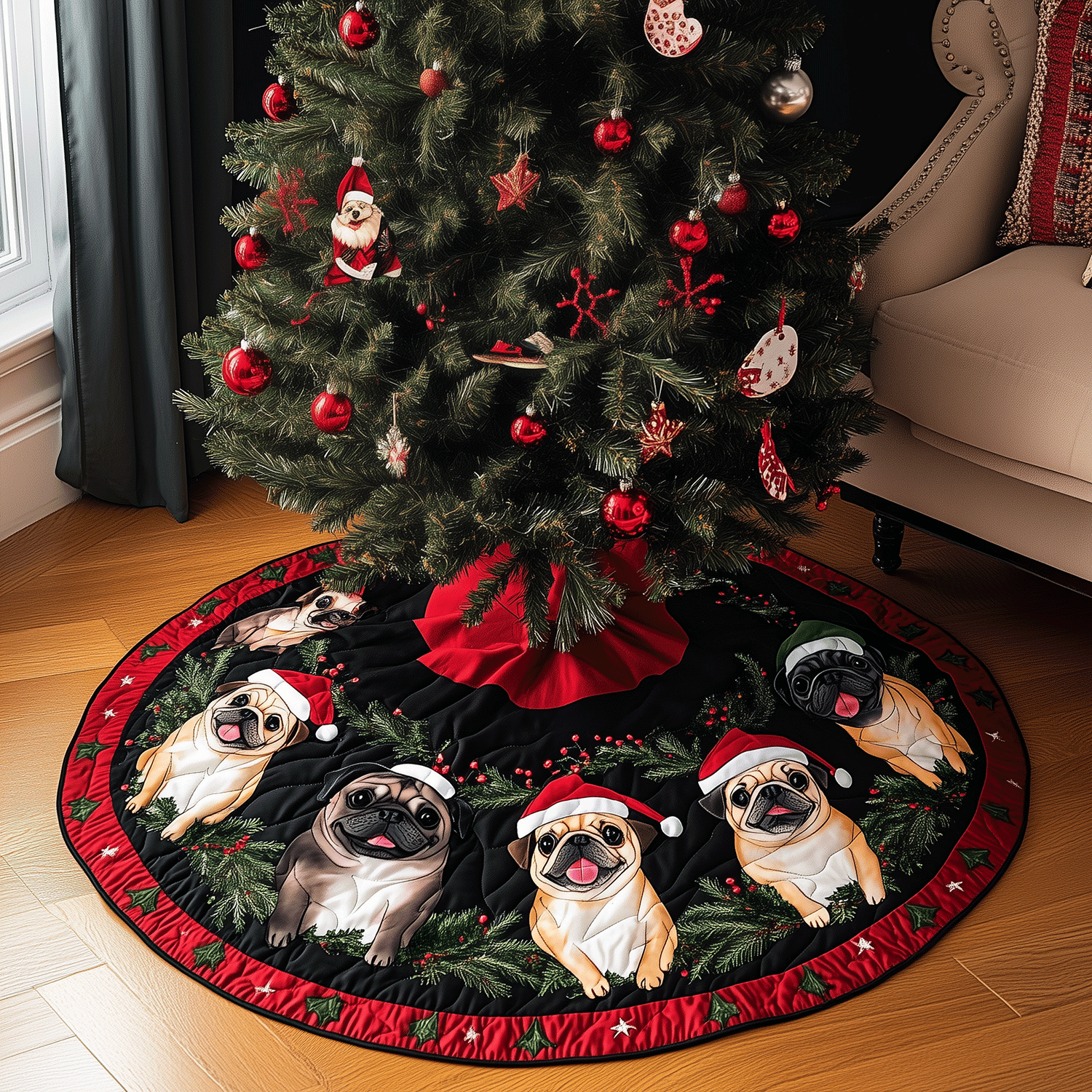 Merry Pugs Quilted Christmas Tree Skirt Trending Christmas Tree Skirt Merch 2025