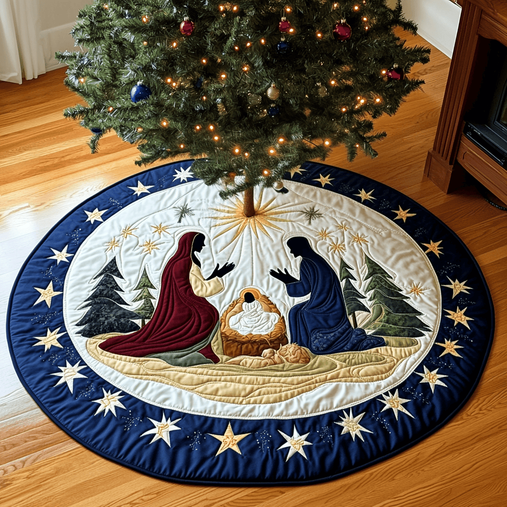 Nativity Quilted Christmas Tree Skirt Charming Tree Skirt for Family Gatherings