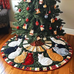 Whiskered Wonders Quilted Christmas Tree Skirt Unique Holiday Gift Merch for Family Homes