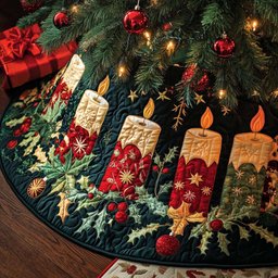 Joyful Night Christmas Quilted Tree Skirt Classic Red and White Tree Skirt for Traditional Decor