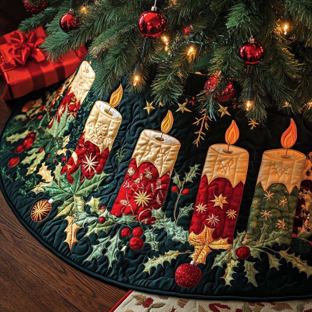 Joyful Night Christmas Quilted Tree Skirt Classic Red and White Tree Skirt for Traditional Decor