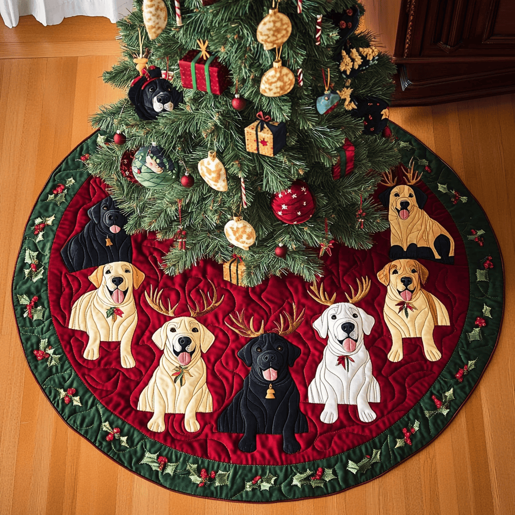 Labrador Sleigh Ride Christmas Quilted Tree Skirt Heartwarming Christmas Tree Skirt Gift for Loved Ones