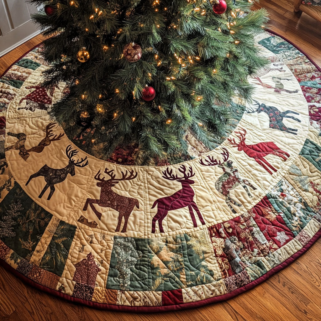 Yule Stag Serenity Quilted Christmas Tree Skirt Holiday Merch That Completes Your Christmas Setup