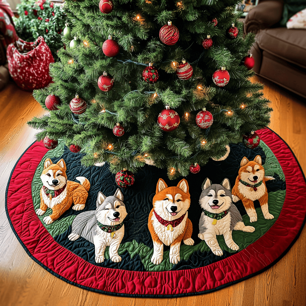 Snowy Akita Spirit Christmas Quilted Tree Skirt Exclusive Christmas Tree Skirt Merch Collection