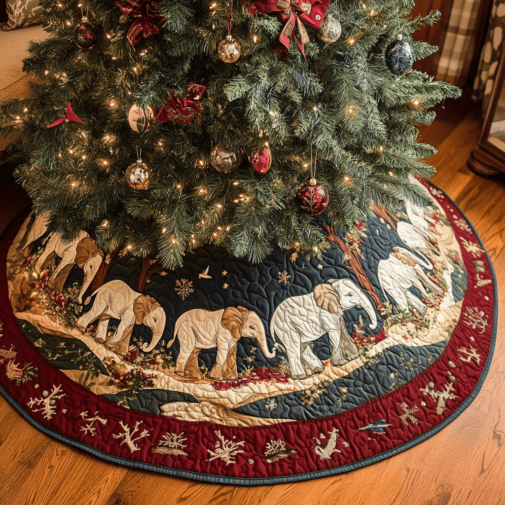 Pachyderm Party Christmas Quilted Tree Skirt Perfect Holiday Gift for Home Decor Lovers
