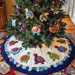 Ocean Friends Christmas Quilted Tree Skirt Classic Red and White Tree Skirt for Traditional Decor