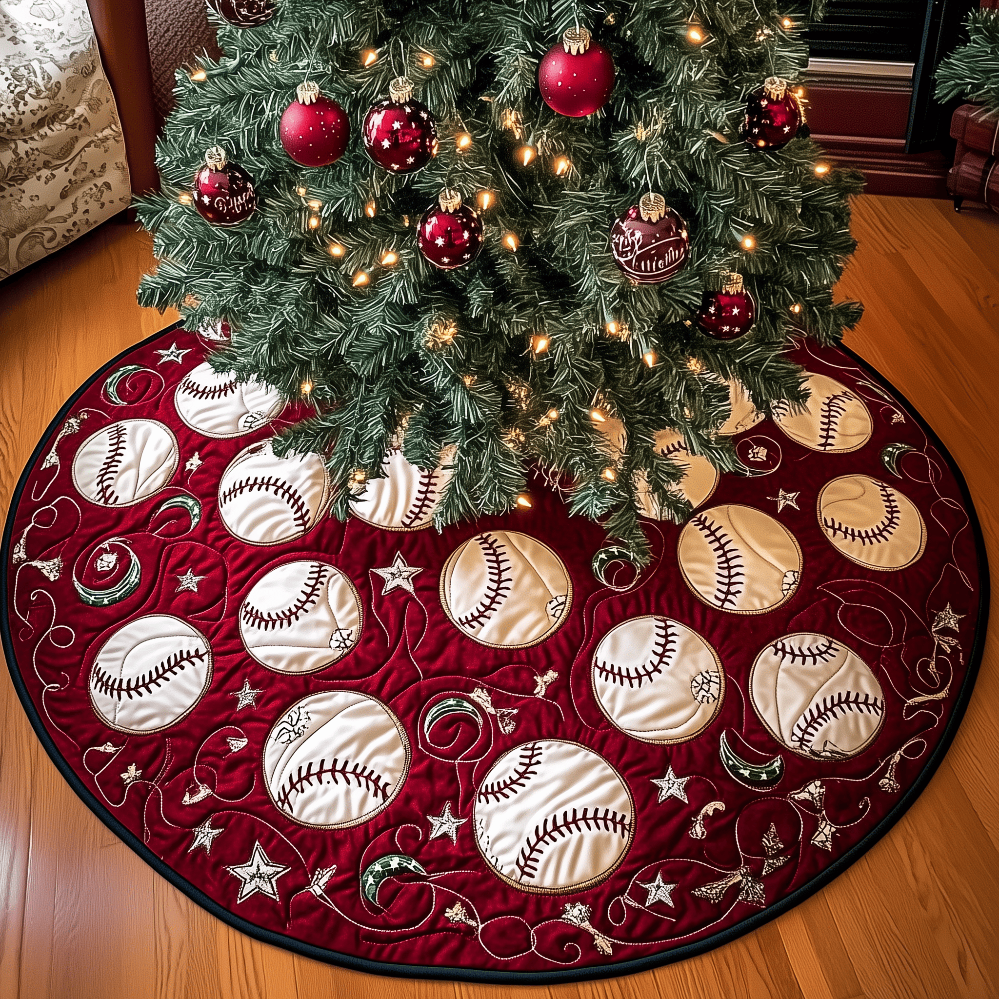 Baseball Ornament Quilted Tree Skirt Brings Holiday Spirit To Every Home